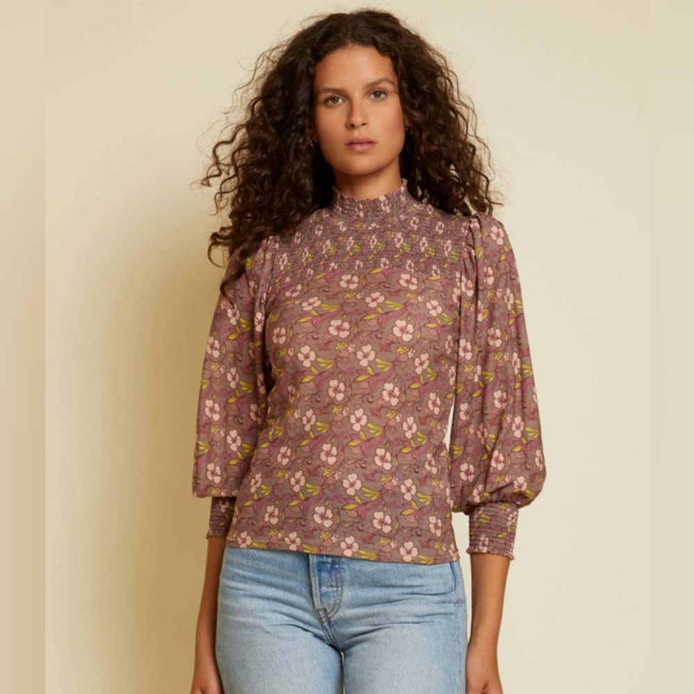 Nation LTD Mauve Floral Smocked Neck Blouse